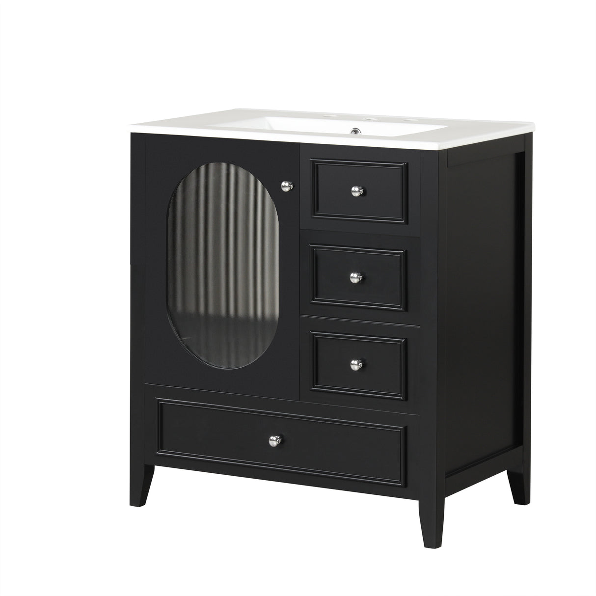 30" Bathroom Vanity with Sink, Bathroom Vanity Cabinet with Three Drawers and Door, Solid Wood and MDF, Black - V.I.P Digital Presence