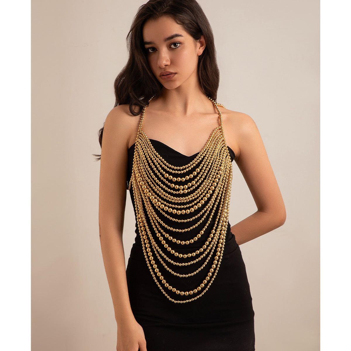 Multi layer imitation pearl black chain woven pearl layered body chain - V.I.P Digital Presence