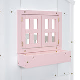 Twin over Twin House Bunk Bed with Roof , Window, Window Box, Door , with Safety Guardrails and Ladder, Pink/White - V.I.P Digital Presence
