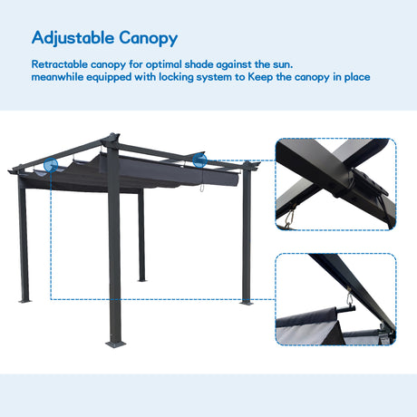 10x10 Ft Outdoor Patio Retractable Pergola With Canopy Sunshelter Pergola for Gardens,Terraces,Backyard,Gray - V.I.P Digital Presence