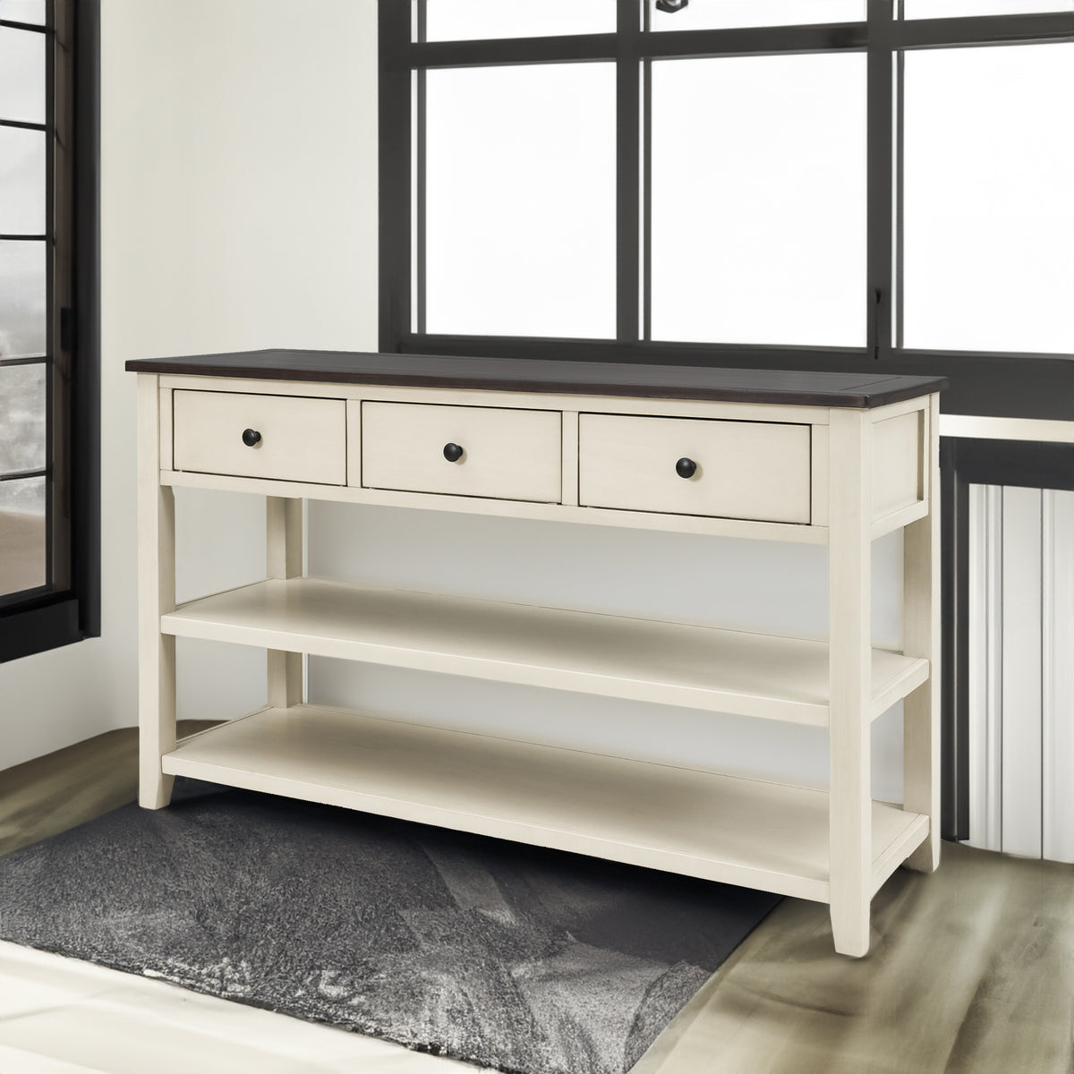 Retro Design Console Table with Two Open Shelves, Pine Solid Wood Frame and Legs for Living Room (Espresso+Beige) - V.I.P Digital Presence