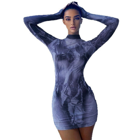 High Neck Long Sleeve Printed Dress - V.I.P Digital Presence