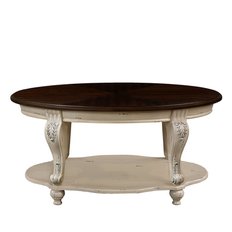 42 inch oval wooden coffee table, 2-story solid wood cocktail table with open storage rack, antique white and cherry tabletop - V.I.P Digital Presence