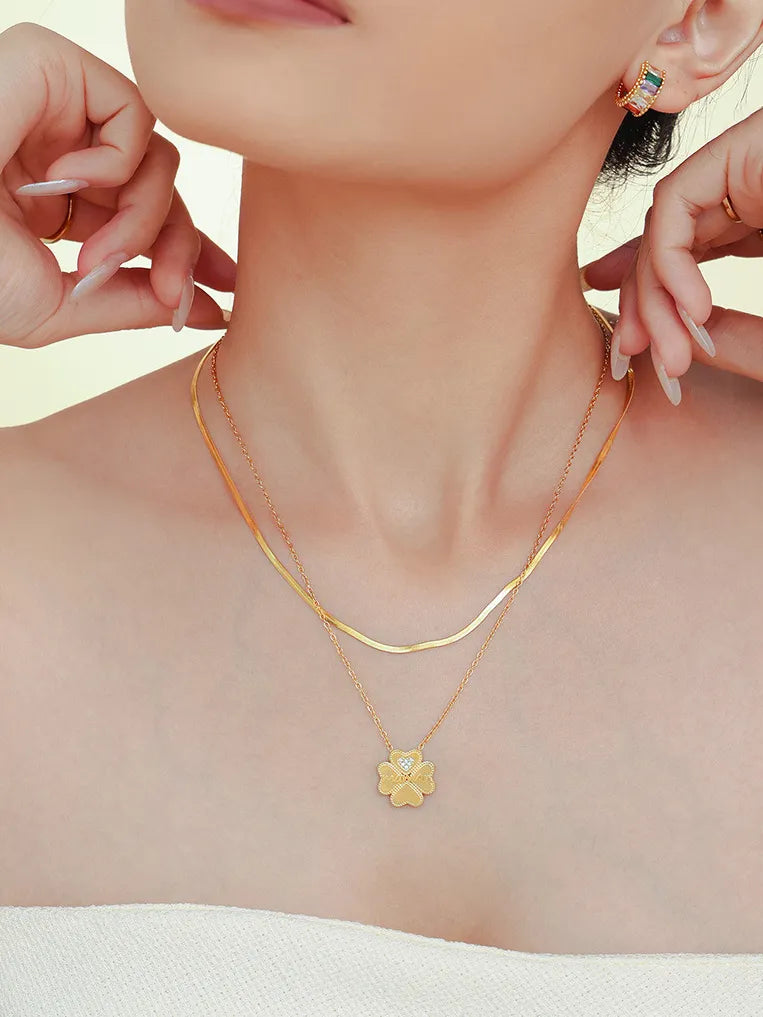2 Piece 18K Gold-Plated Inlaid Zircon Lucky Clover Necklace - V.I.P Digital Presence