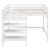 Full Size Loft Bed with Built-in Storage Staircase and Hanger for Clothes  White