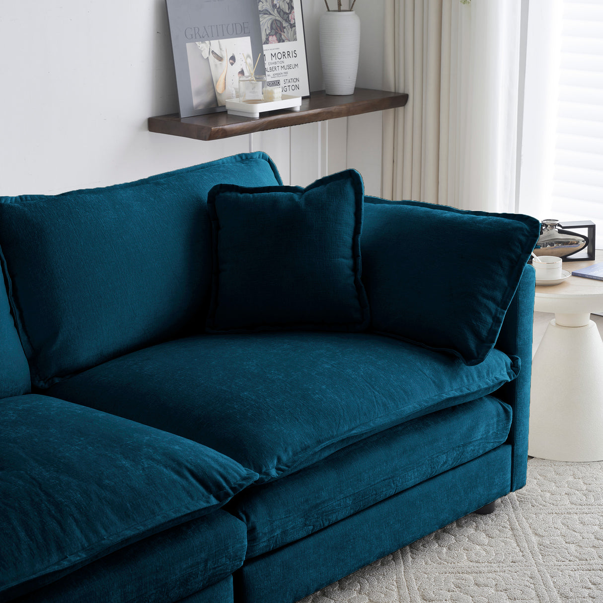 Mid-Century Modern Couch 3-Seater Sofa with 2 Armrest Pillows and 3 Toss Pillows, Couch for Living Room Blue Chenille - V.I.P Digital Presence