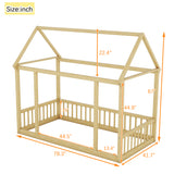Twin Size Floor Wooden Bed with House Roof Frame and Safety Guardrails,Natural - V.I.P Digital Presence