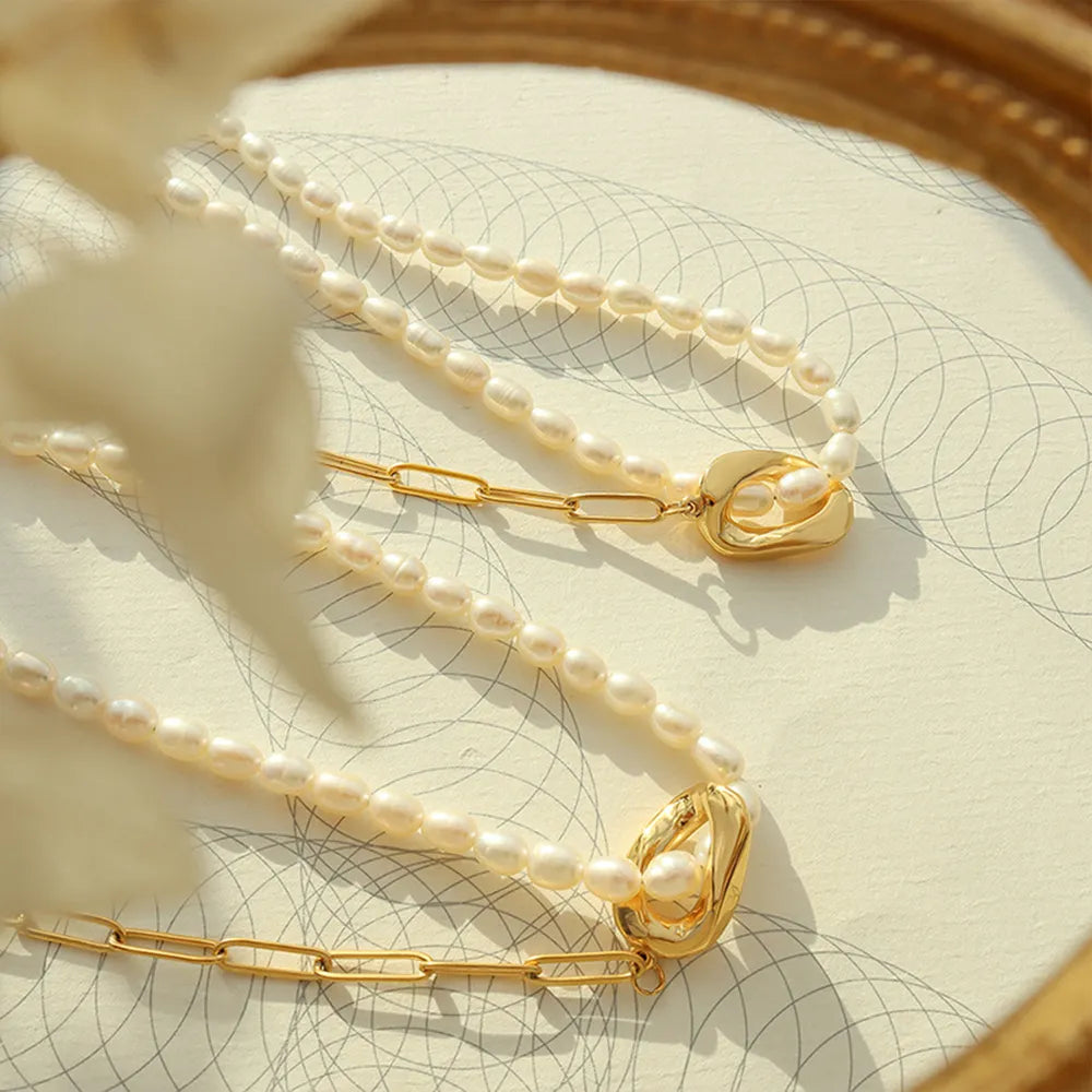 New freshwater pearl patchwork necklace made of stainless steel and 18K gold for women - V.I.P Digital Presence