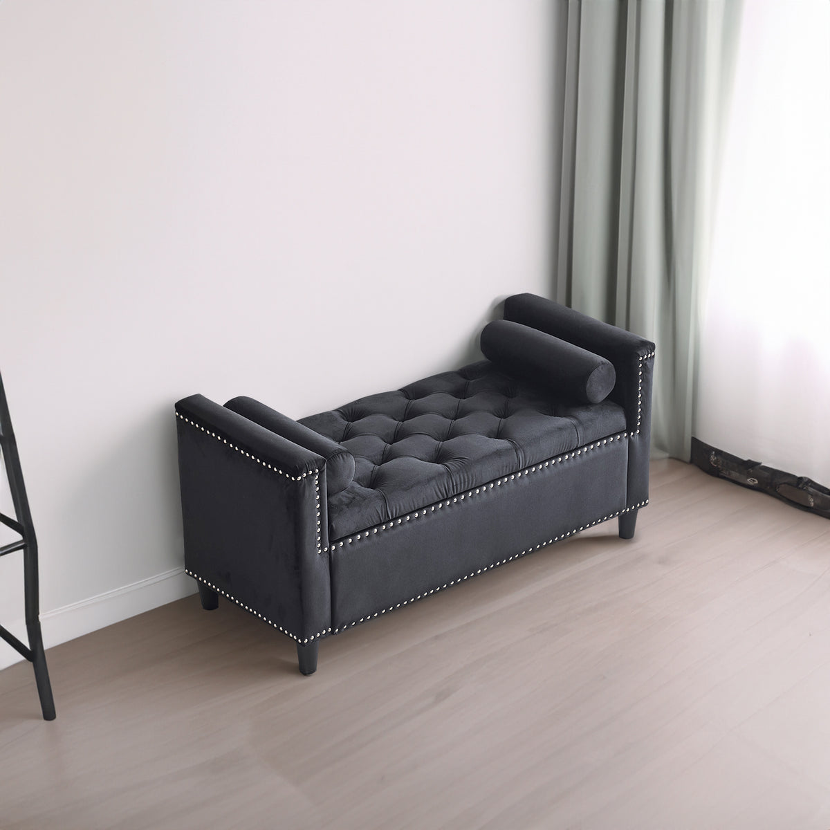Storage Bench, 44.5-Inch Queen Velvet Button Bedside Bench, Entryway Living Room with Armrests, Nailhead Trim  Black - V.I.P Digital Presence