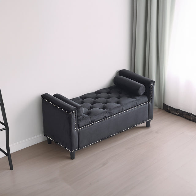Storage Bench, 44.5-Inch Queen Velvet Button Bedside Bench, Entryway Living Room with Armrests, Nailhead Trim  Black - V.I.P Digital Presence