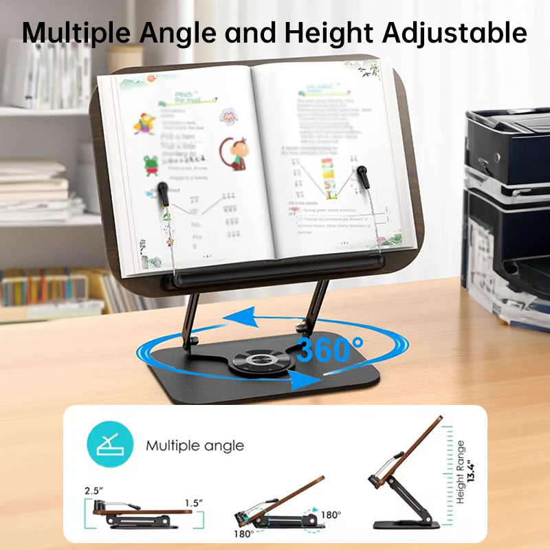 Adjustable 360° Rotating Book Stand with Elastic Clips, for Cookbooks, Laptops & More - V.I.P Digital Presence