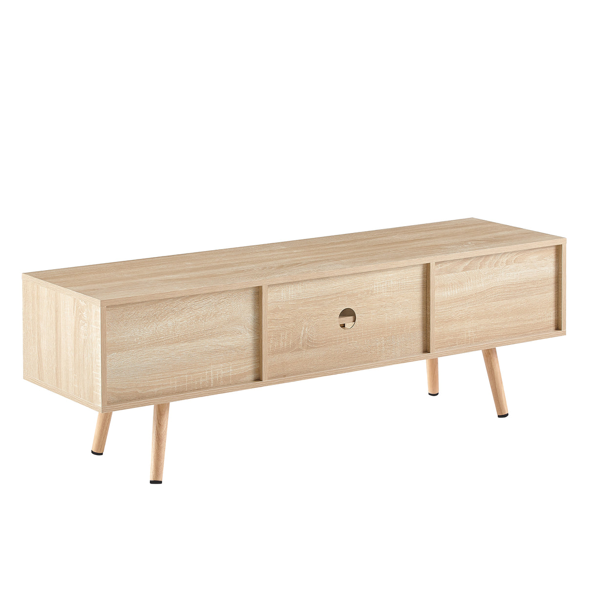 55.12" Rattan TV cabinet double sliding doors for storage adjustable shelf solid wood legs TV console for living room natural - V.I.P Digital Presence