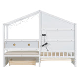 Twin Size House Bed with Upholstered Sofa, House Bed with Charging Station, Wireless Charging, Shelves and Two Drawers, White - V.I.P Digital Presence