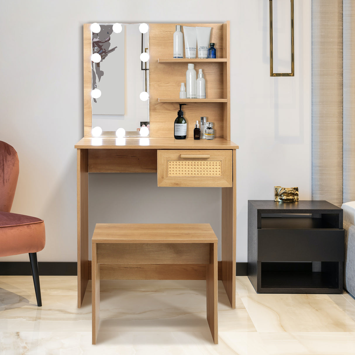 Vanity Desk Set Stool & Dressing Table with LED Lighting Mirror Drawer and Wood Cosmetic Table Chest of Drawers Nature Color - V.I.P Digital Presence