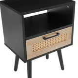 15.75" Rattan End table with drawer and solid wood legs Modern nightstand side table for living room black - V.I.P Digital Presence