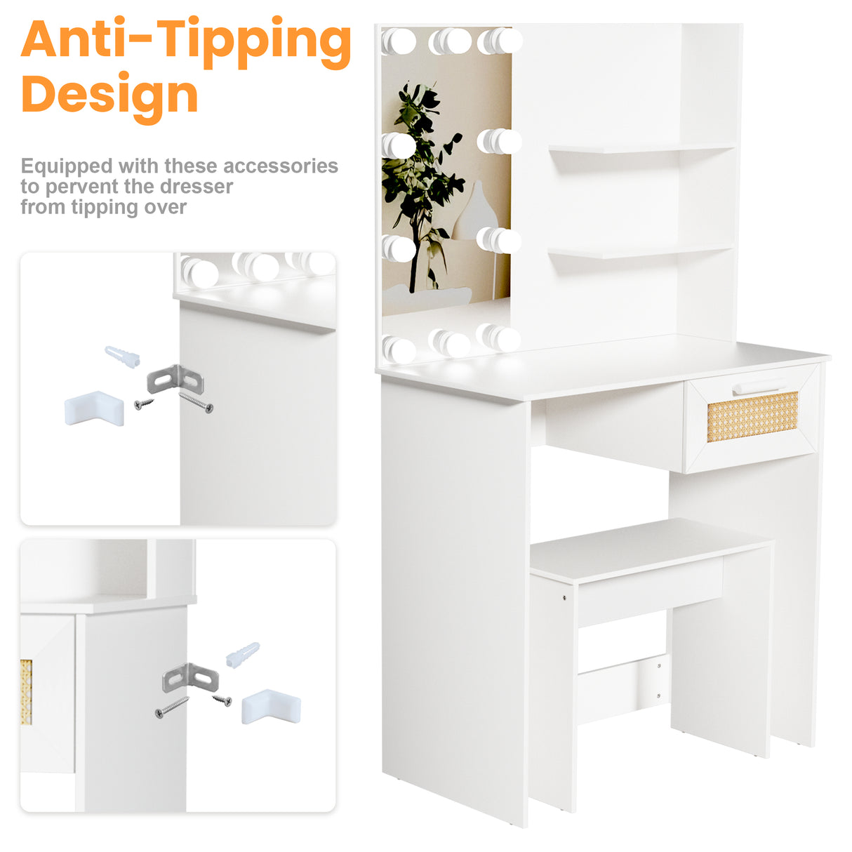 Vanity Desk Set Stool & Dressing Table with LED Lighting Mirror Drawer and Wood Cosmetic Table Chest of Drawers White Color - V.I.P Digital Presence
