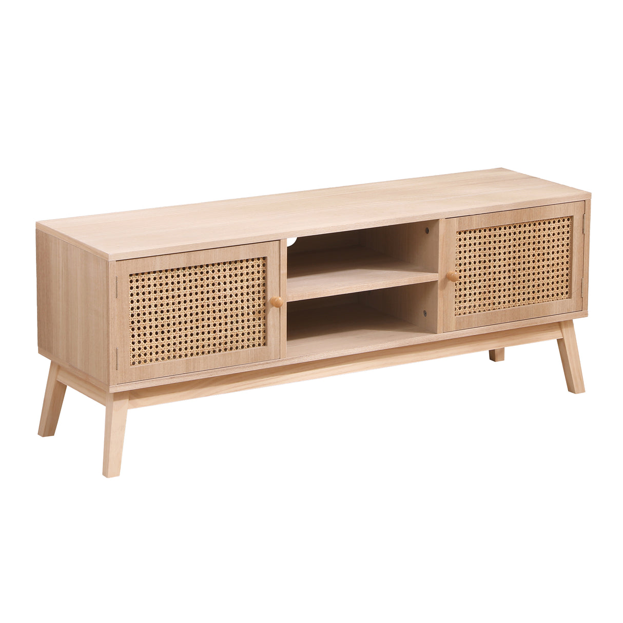 SUPERJARE Boho TV Stand for 55 Inch TV, Entertainment Center with Adjustable Shelf,Real Rattan TV Console with 2 Cabinets - V.I.P Digital Presence