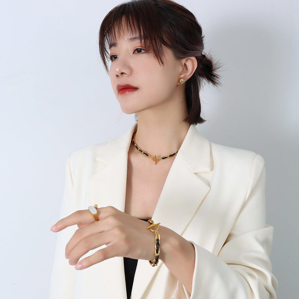 Hip hop design neck chain titanium steel plated 18k real gold leather rope necklace - V.I.P Digital Presence