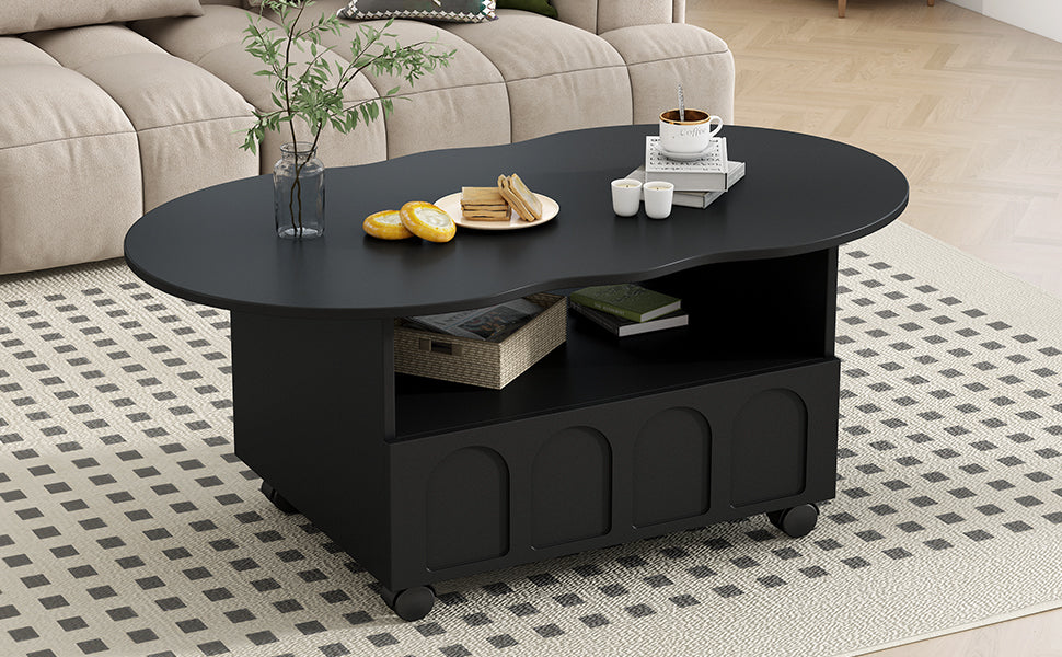 ON-TRANS flexible cream style coffee table with 2 brake wheels, drawers, large storage space,black, 39.37 '' x 23.6 '' - V.I.P Digital Presence