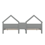 Double Twin Size Platform Bed with House-shaped Headboard and a Built-in Nightstand  Grey
