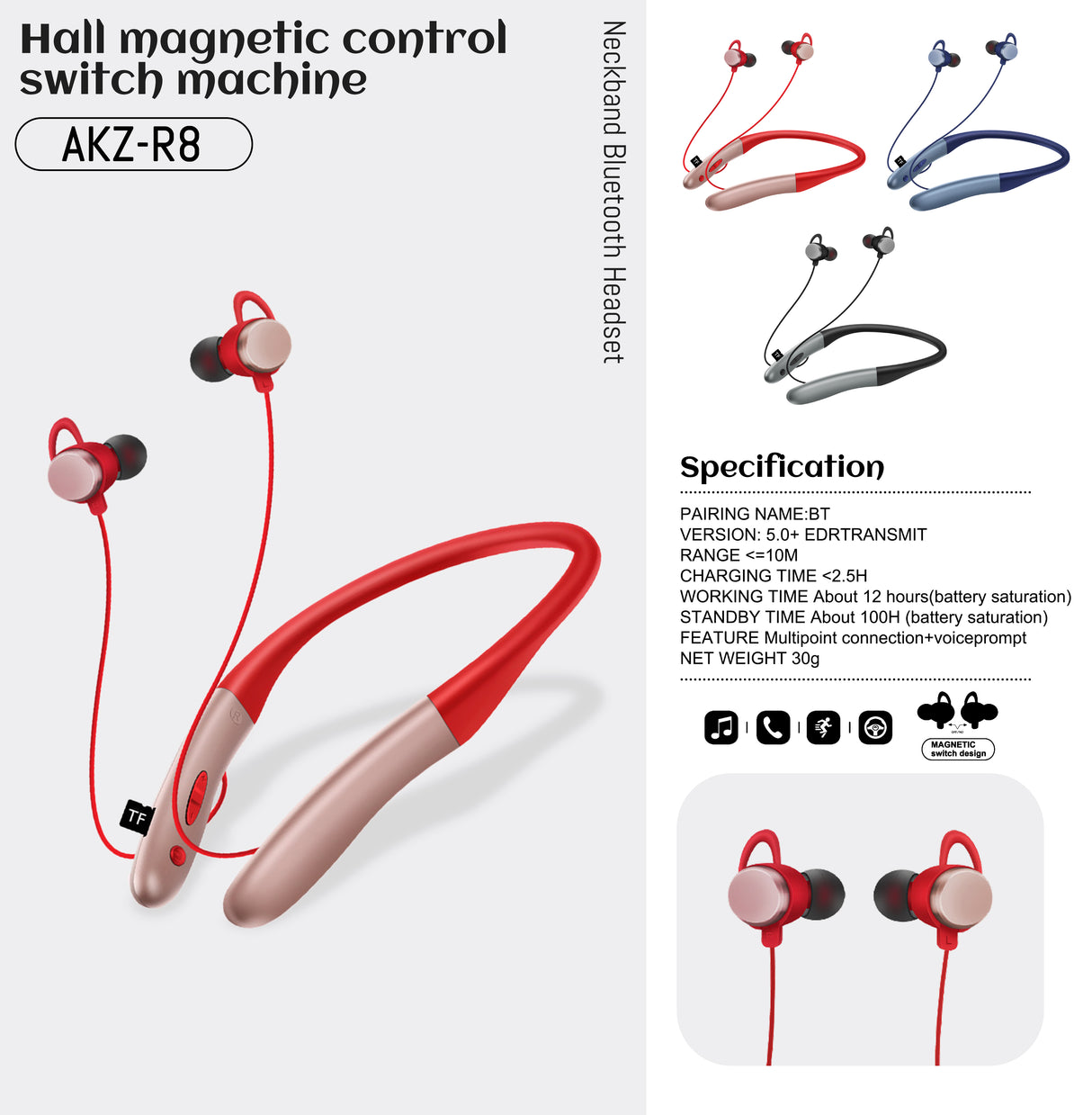 Auriculares inalámbricos Bluetooth 5.0 AKZ-R8, modelo privado, para colgar en el cuello, con interruptor magnético, estéreo, para gimnasios