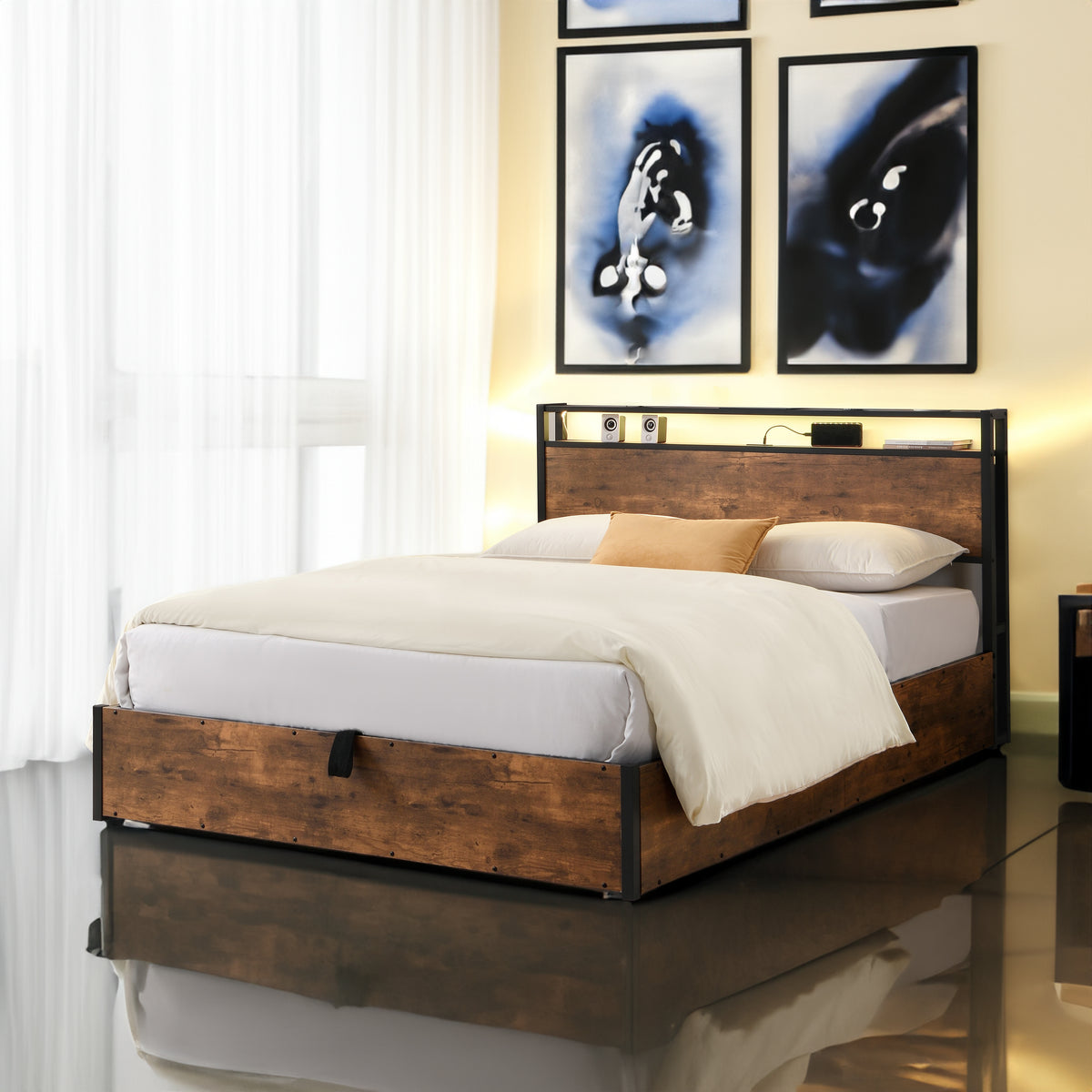 Elevating storage bed frame, full-size bed frame with bookshelf headboard and LED lights, with country brown color - V.I.P Digital Presence