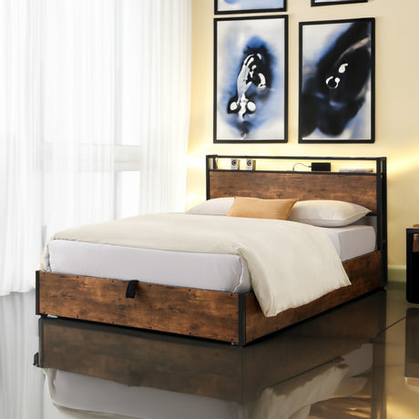 Elevating storage bed frame, full-size bed frame with bookshelf headboard and LED lights, with country brown color - V.I.P Digital Presence
