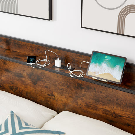 Bed frame with charging station full size, Rustic Brown, 83.1'' L x 56.1'' W x 39'' H - V.I.P Digital Presence