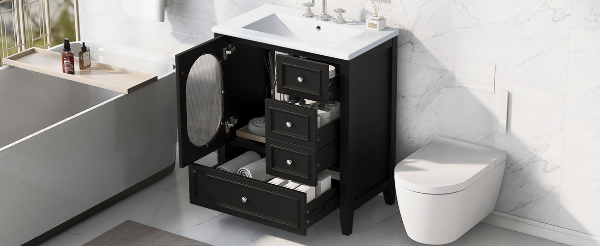 30" Bathroom Vanity with Sink, Bathroom Vanity Cabinet with Three Drawers and Door, Solid Wood and MDF, Black - V.I.P Digital Presence