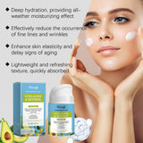 El humectante facial de colágeno hidrata y humecta la piel del rostro con una crema humectante suave que reduce las líneas finas.
