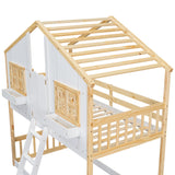Twin over Twin House Bunk Bed with Roof , Window, Window Box, Door , with Safety Guardrails and Ladder, Natural/White - V.I.P Digital Presence