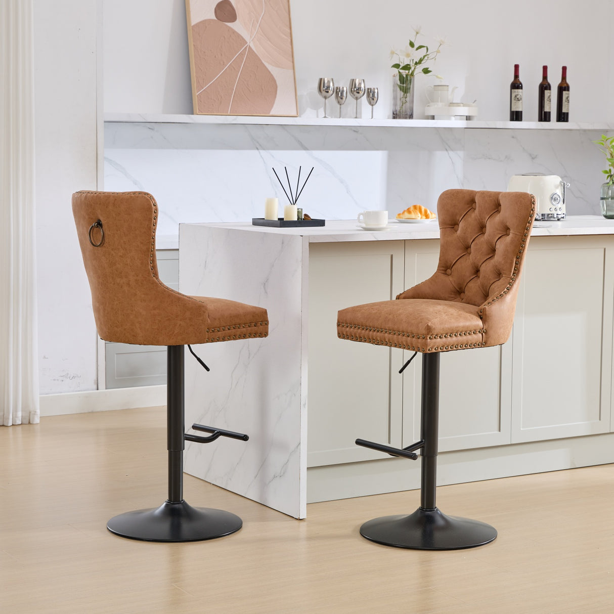 Vintage PU rotating bar stool, seat height adjustable from 25-33 inches, modern bar stool (orange, 2-piece set) - V.I.P Digital Presence