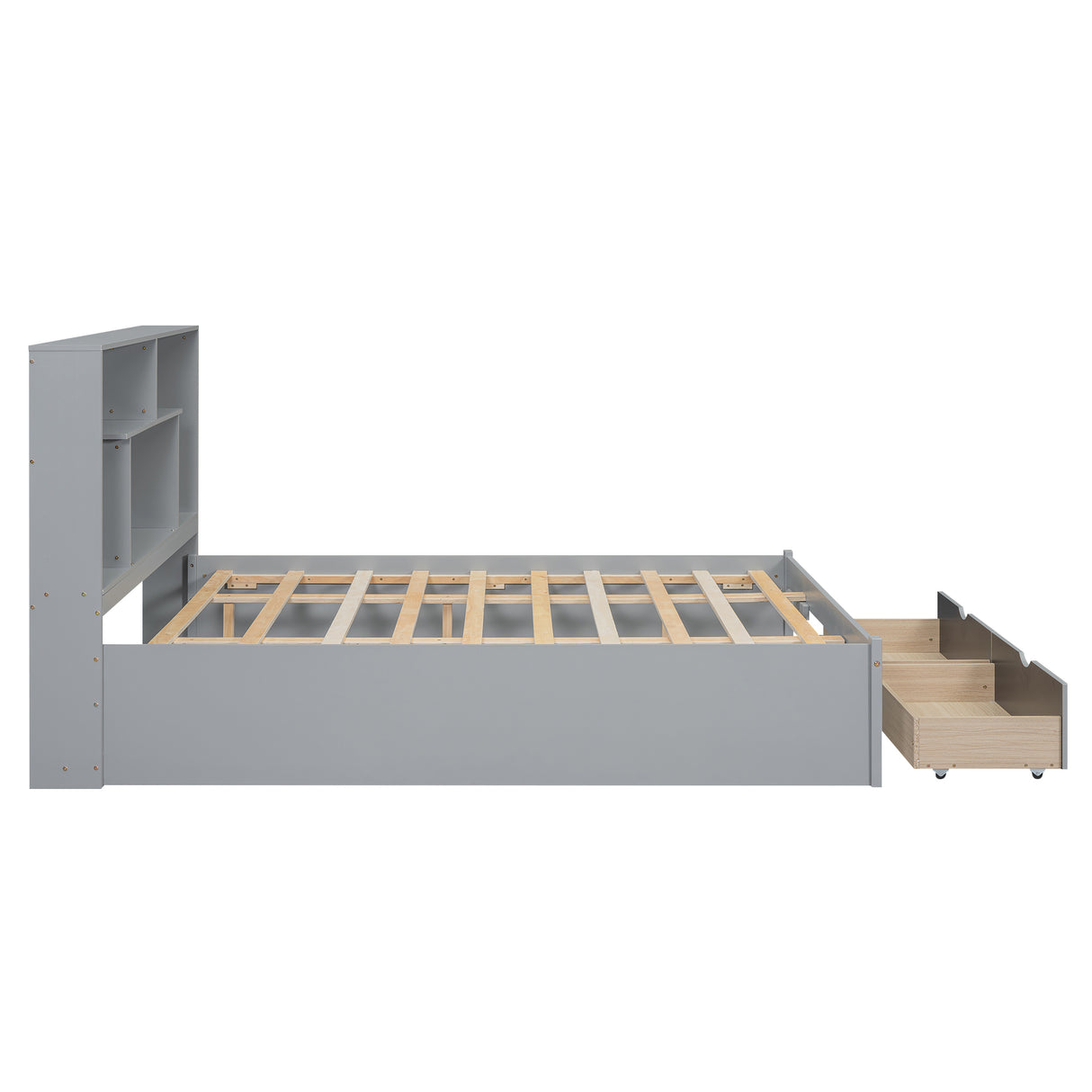 Queen Size Platform Bed with Storage Headboard and 2 Drawers, Gray - V.I.P Digital Presence