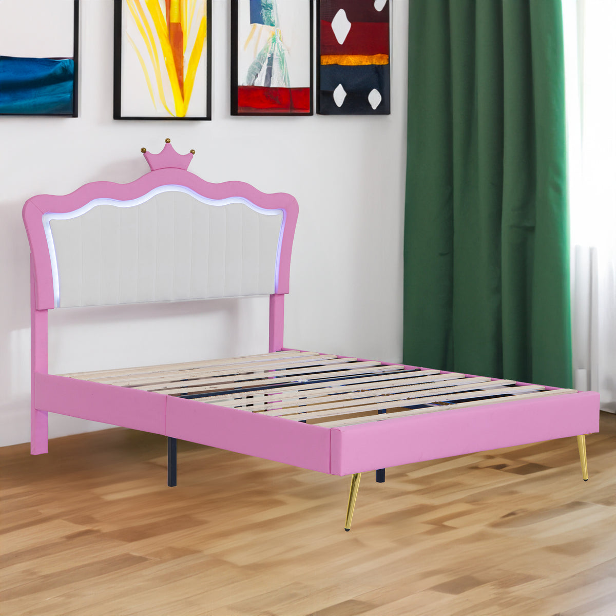 Full Size Upholstered Bed Frame with LED Lights, Modern Upholstered Princess Bed with Crown Headboard, Pink+White - V.I.P Digital Presence