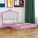 Full Size Upholstered Bed Frame with LED Lights, Modern Upholstered Princess Bed with Crown Headboard, Pink+White - V.I.P Digital Presence