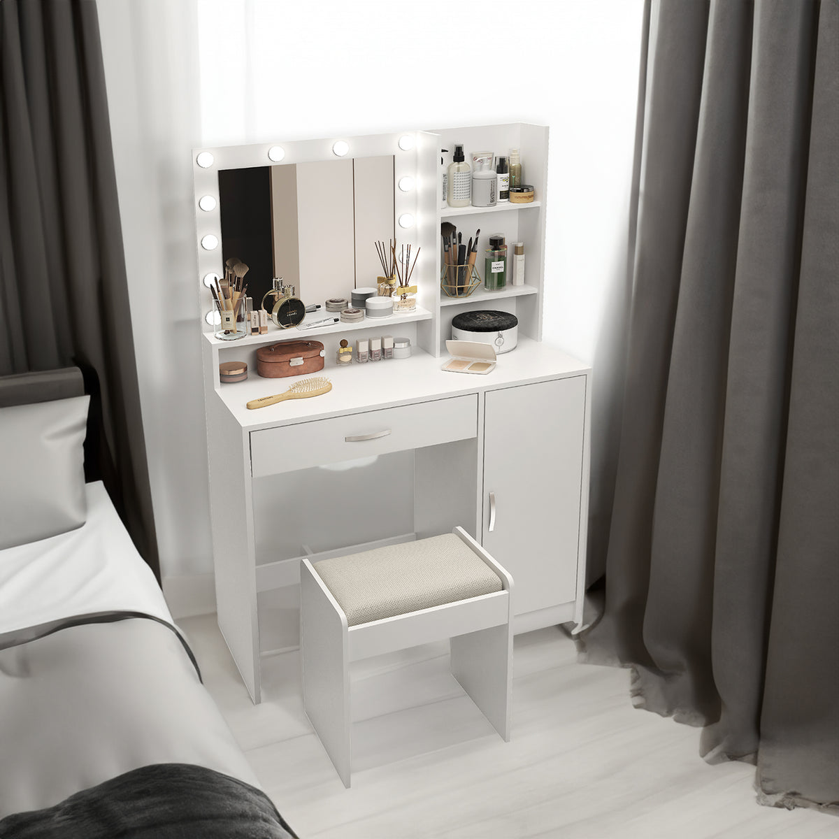 Large drawer with mirror and light, three-layer storage vanity, adjustable brightness for 3 lighting modes (white with stool) - V.I.P Digital Presence
