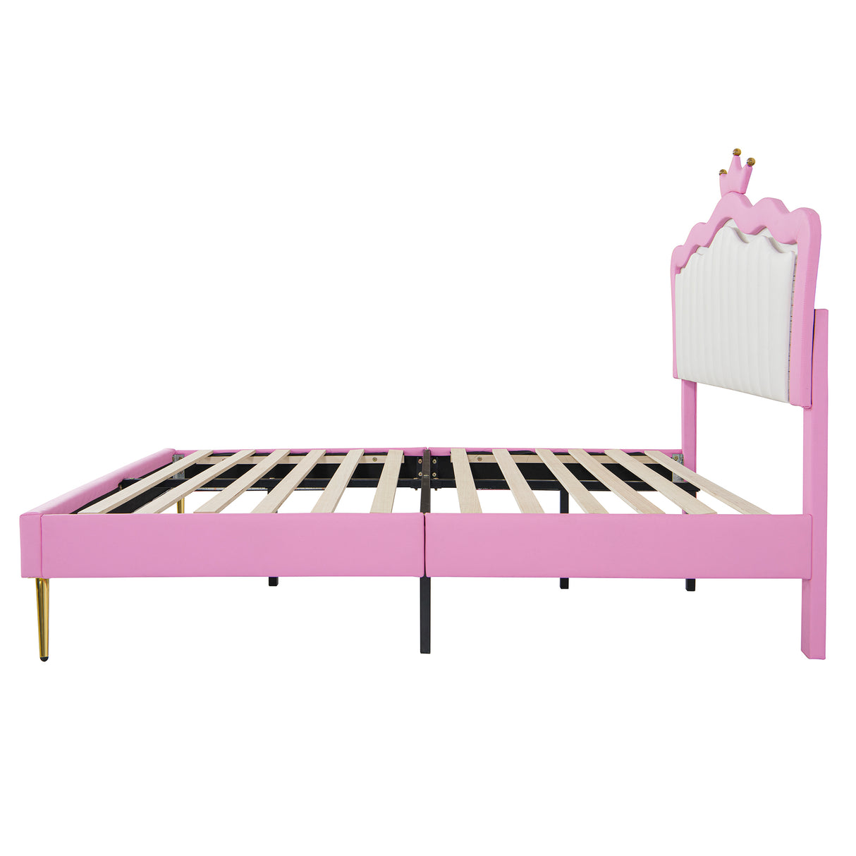 Full Size Upholstered Bed Frame with LED Lights, Modern Upholstered Princess Bed with Crown Headboard, Pink+White - V.I.P Digital Presence
