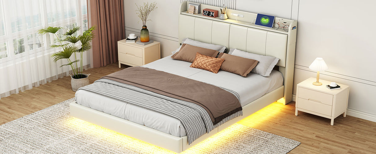 Large floating bed frame with storage headboard, touch sensor, night light and USB charger, padded platform bed, beige color - V.I.P Digital Presence