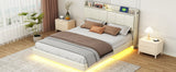 Large floating bed frame with storage headboard, touch sensor, night light and USB charger, padded platform bed, beige color - V.I.P Digital Presence