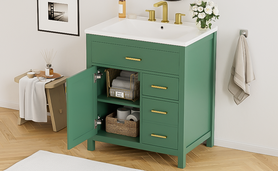 30-Inch Green Bathroom Vanity with Ceramic Sink and Ample Storage - Ideal Choice for Small Bathrooms - V.I.P Digital Presence