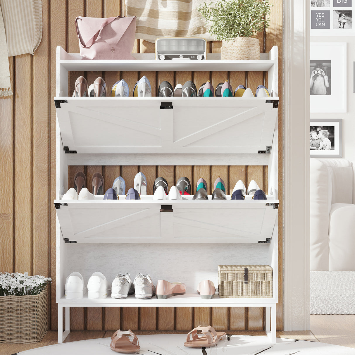 Shoe Cabinet with 2 Flip Drawers,Shoe Storage Cabinet for Entryway,Freestanding Shoe Cabinet Organizer with Open Storage White - V.I.P Digital Presence