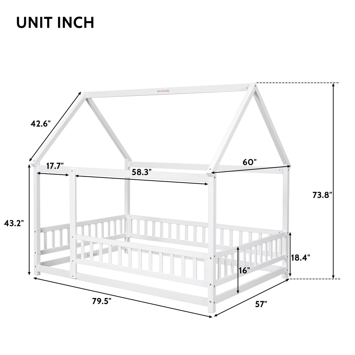 Full Size Floor Wooden Bed with House Roof Frame, Fence Guardrails ,White - V.I.P Digital Presence