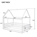 Full Size Floor Wooden Bed with House Roof Frame, Fence Guardrails ,White - V.I.P Digital Presence