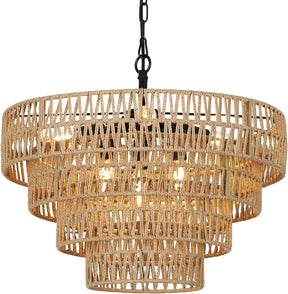 6-Light Dining Room Light Fixture, Wicker Pendant Lighting with 4-Tier Woven Lampshade, Large Farmhouse Chandeliers (20") - V.I.P Digital Presence