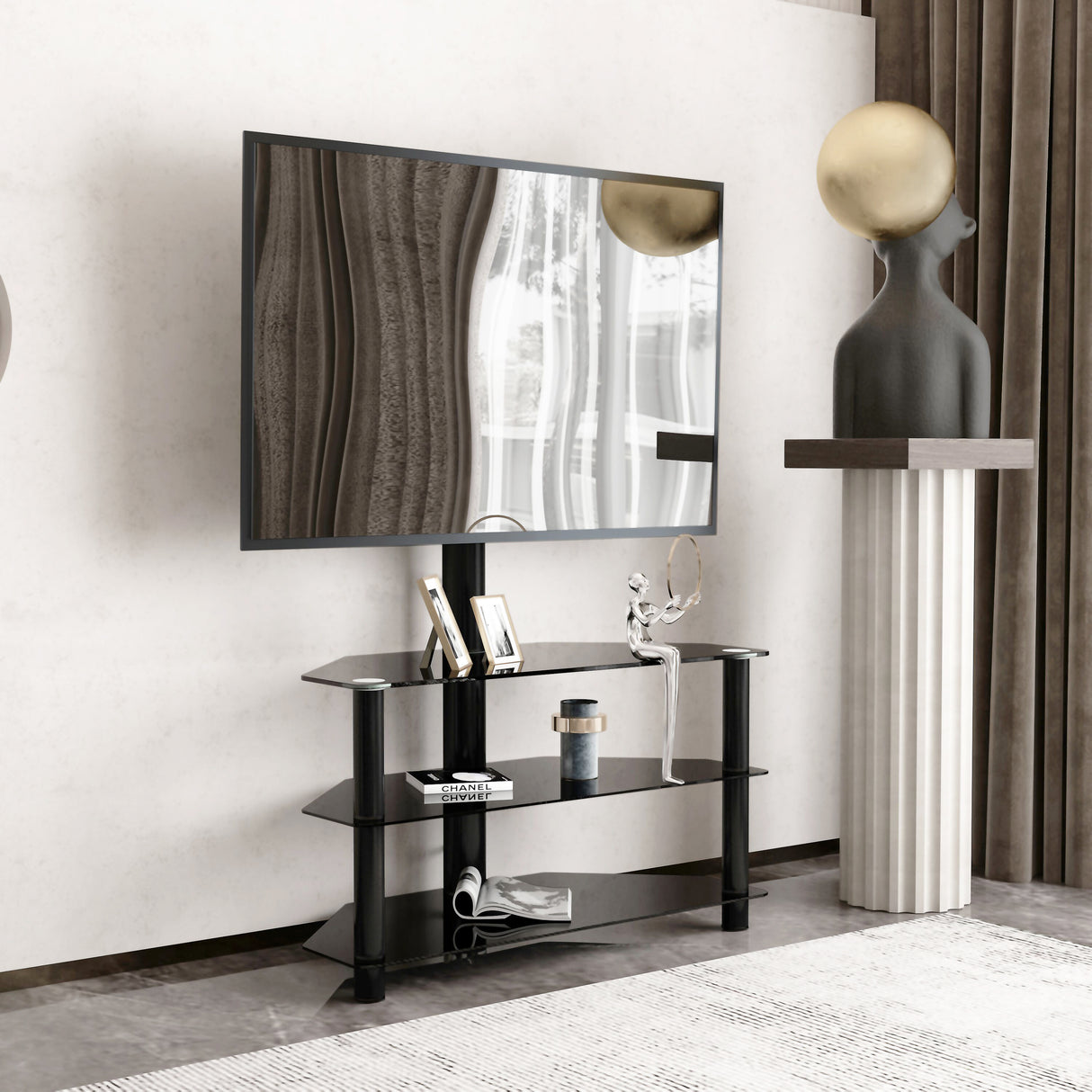 35.4 inch Black Multi-function TV Stand Height Adjustable Bracket Swivel 3-Tier - V.I.P Digital Presence