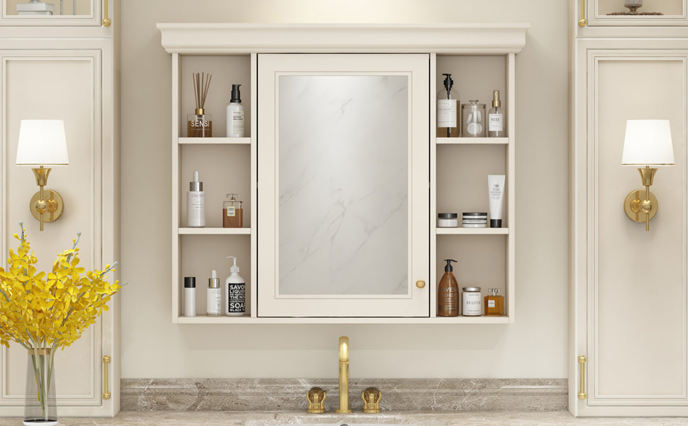 35'' x 28'' Blue Wall Mounted Bathroom Storage Cabinet with Mirror Door, Modern Bathroom Wall Cabinet with Mirror - V.I.P Digital Presence