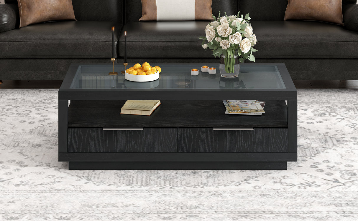 U-Can modern wooden coffee table with 2 drawers and minimalist display coffee table with transparent tempered glass - V.I.P Digital Presence