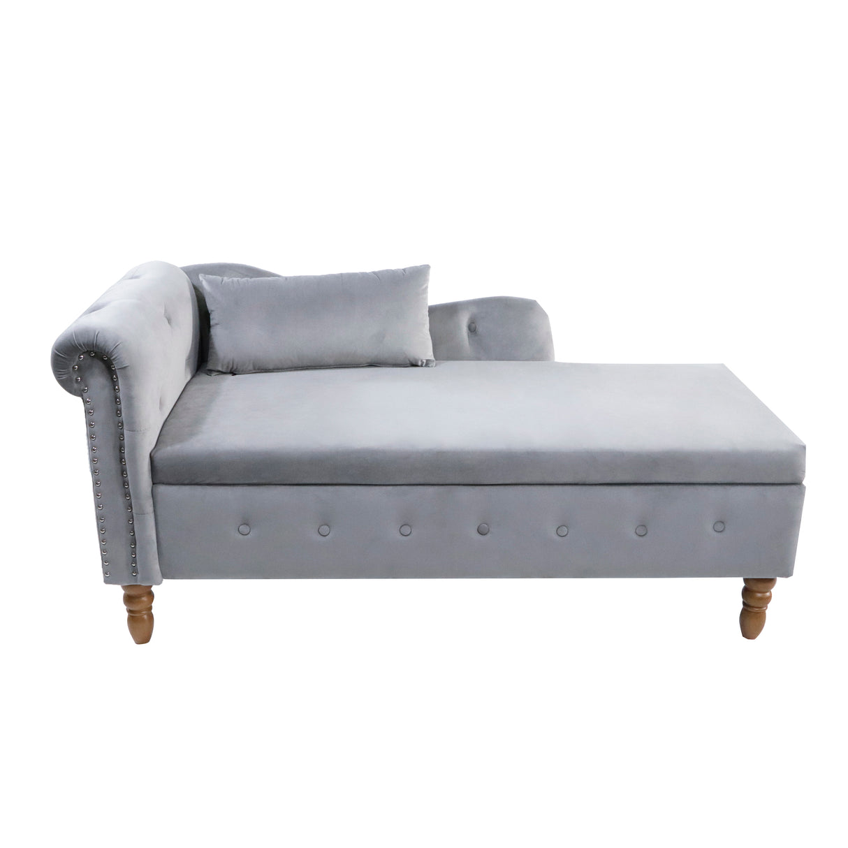 Grey Chaise Lounge Indoor Velvet Lounge Chair for Bedroom with Storage & Pillow Modern Upholstered Rolled Arm Chase Lounge - V.I.P Digital Presence