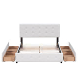 Upholstered Platform Bed with Classic Headboard and 4 Drawers No Box Spring Needed Linen Fabric Queen Size White - V.I.P Digital Presence