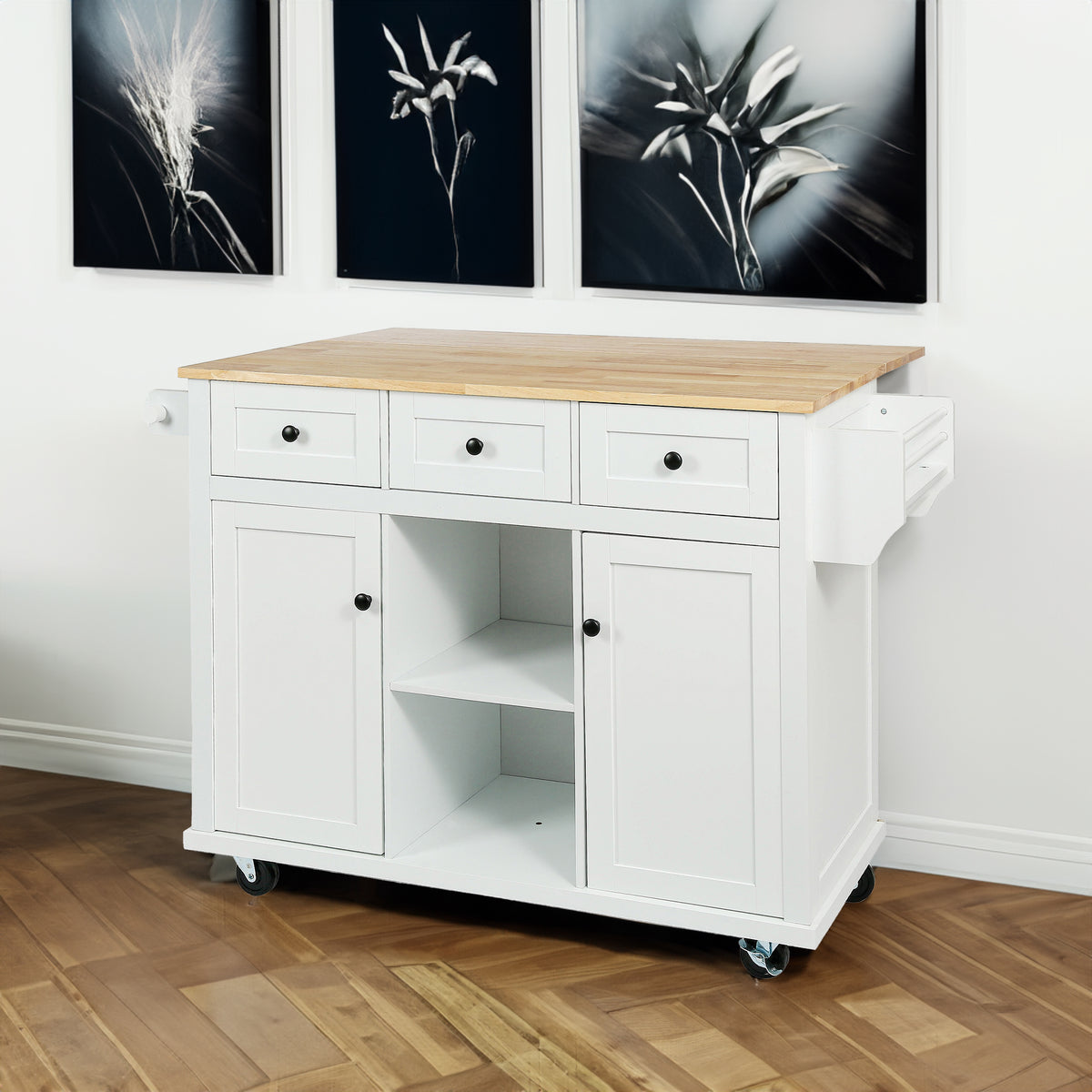 Kitchen trolley with rubber wood leaf countertop, 5-wheel kitchen island, storage cabinet and 3 dining drawers, white - V.I.P Digital Presence